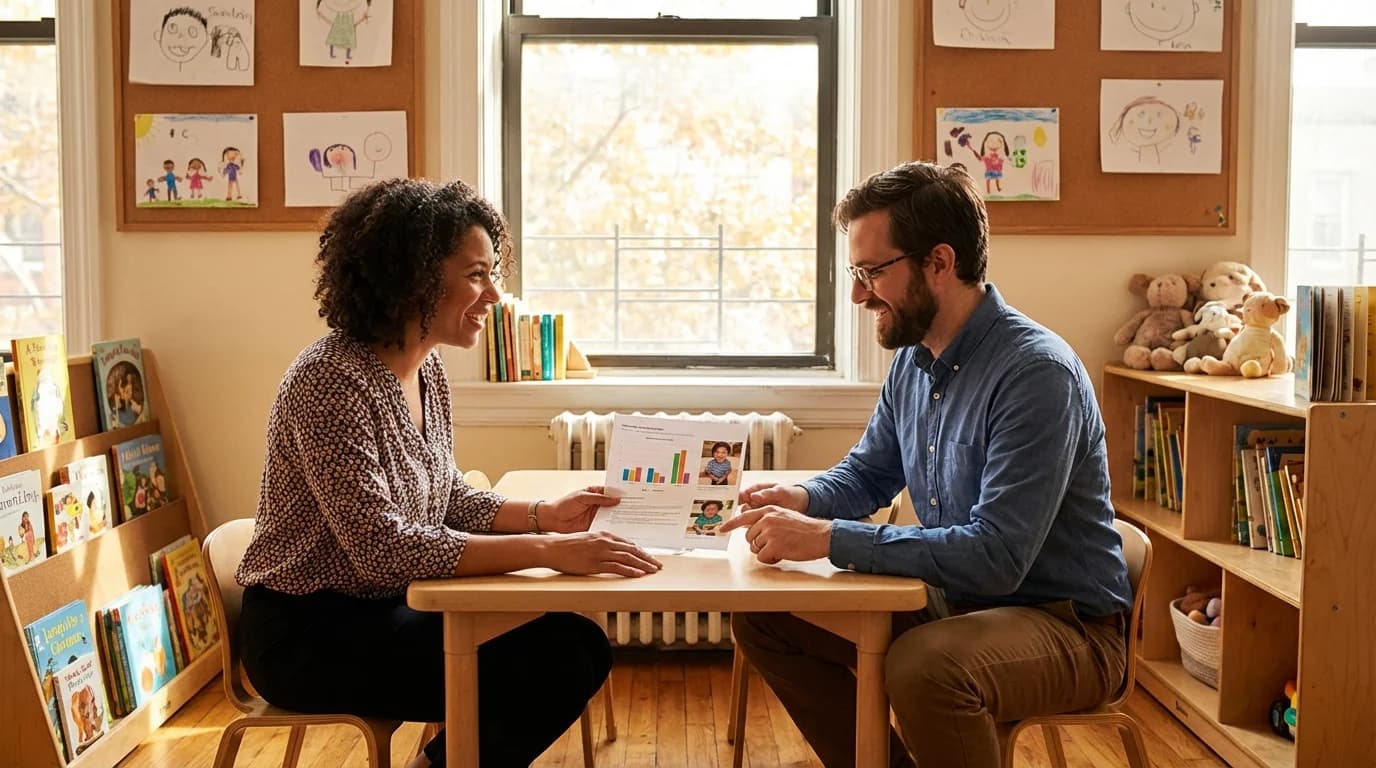 Teacher and parent reviewing a child's progress report at a daycare conference table in East Flatbush Brooklyn