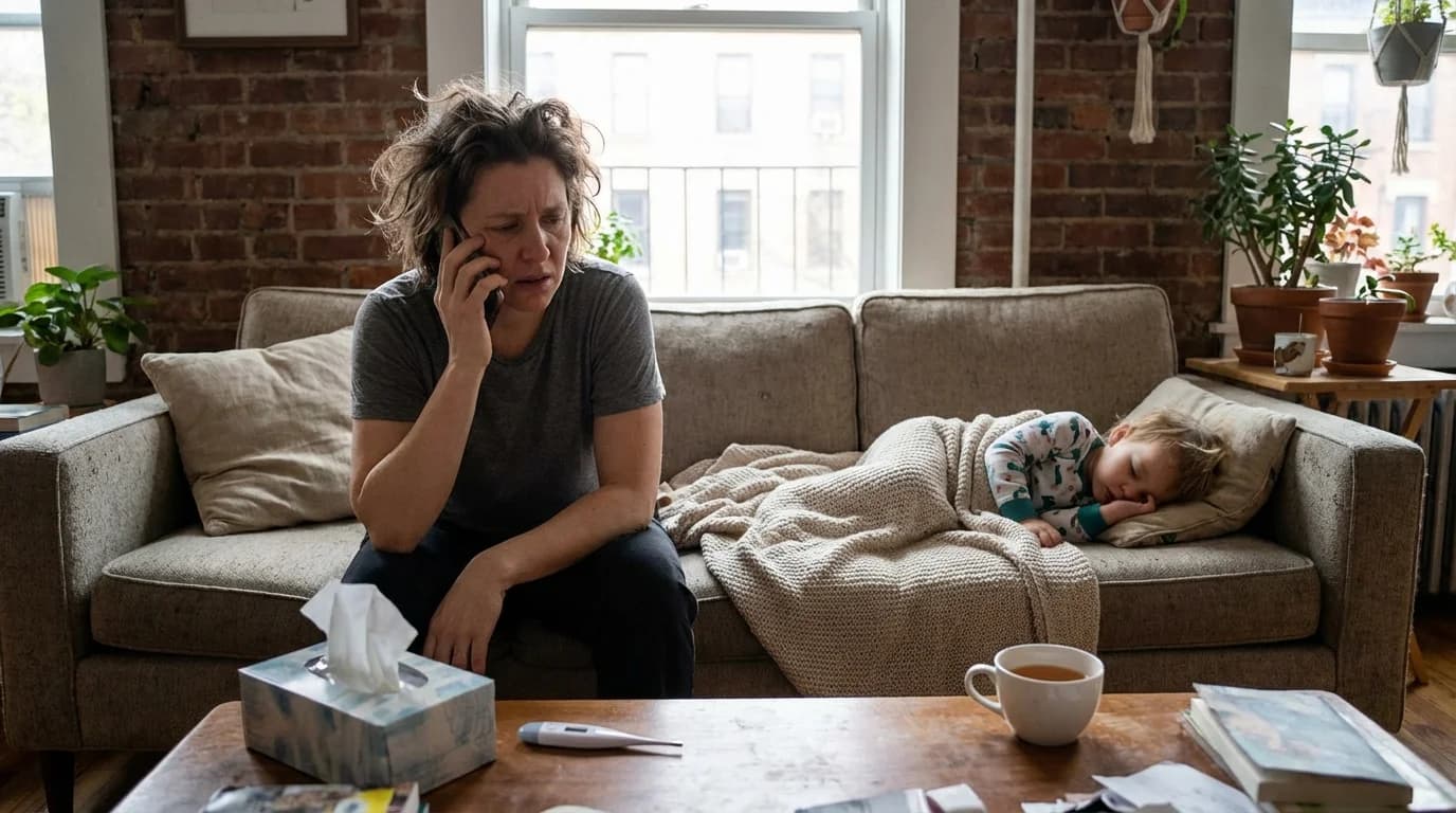 Parent comforting a young child at home on a daycare sick day in Brooklyn