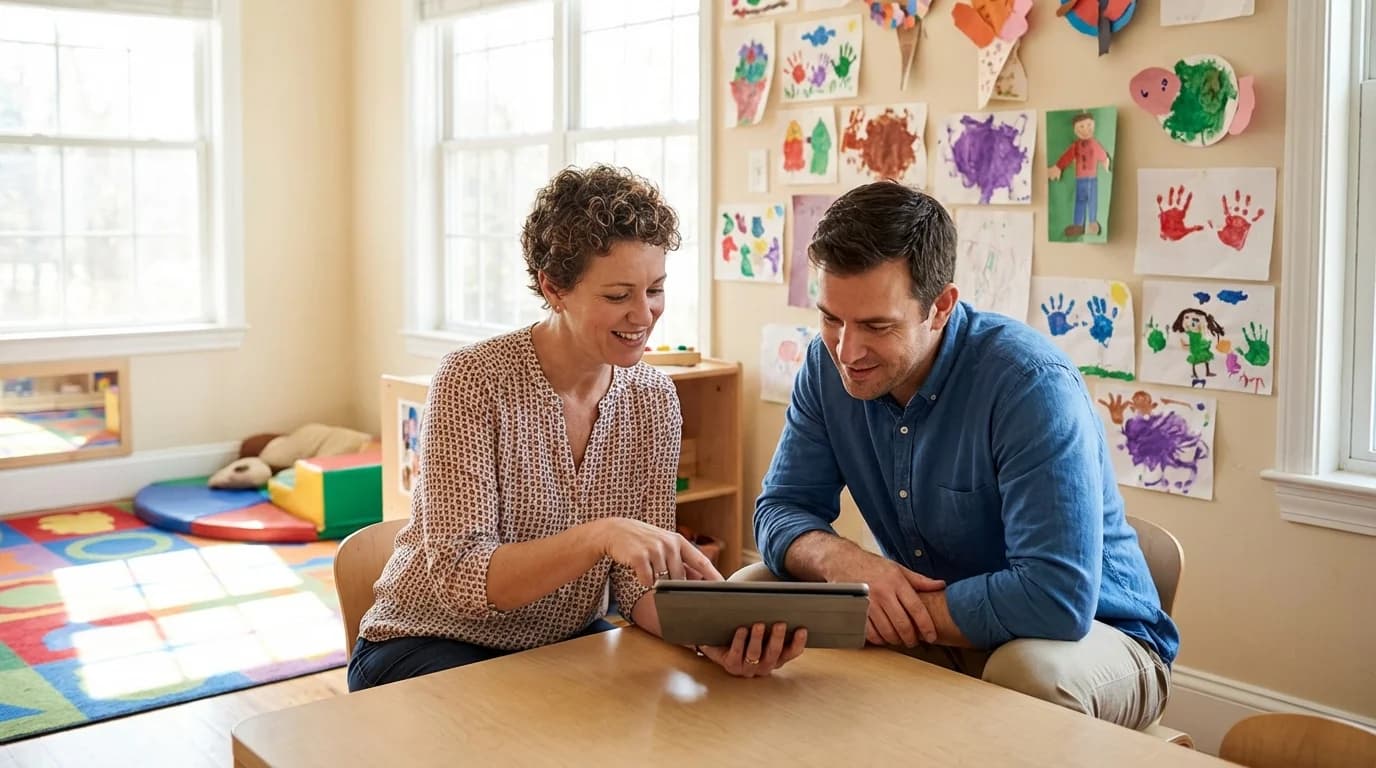 Parent and daycare teacher having a warm conversation during pickup time in Brooklyn