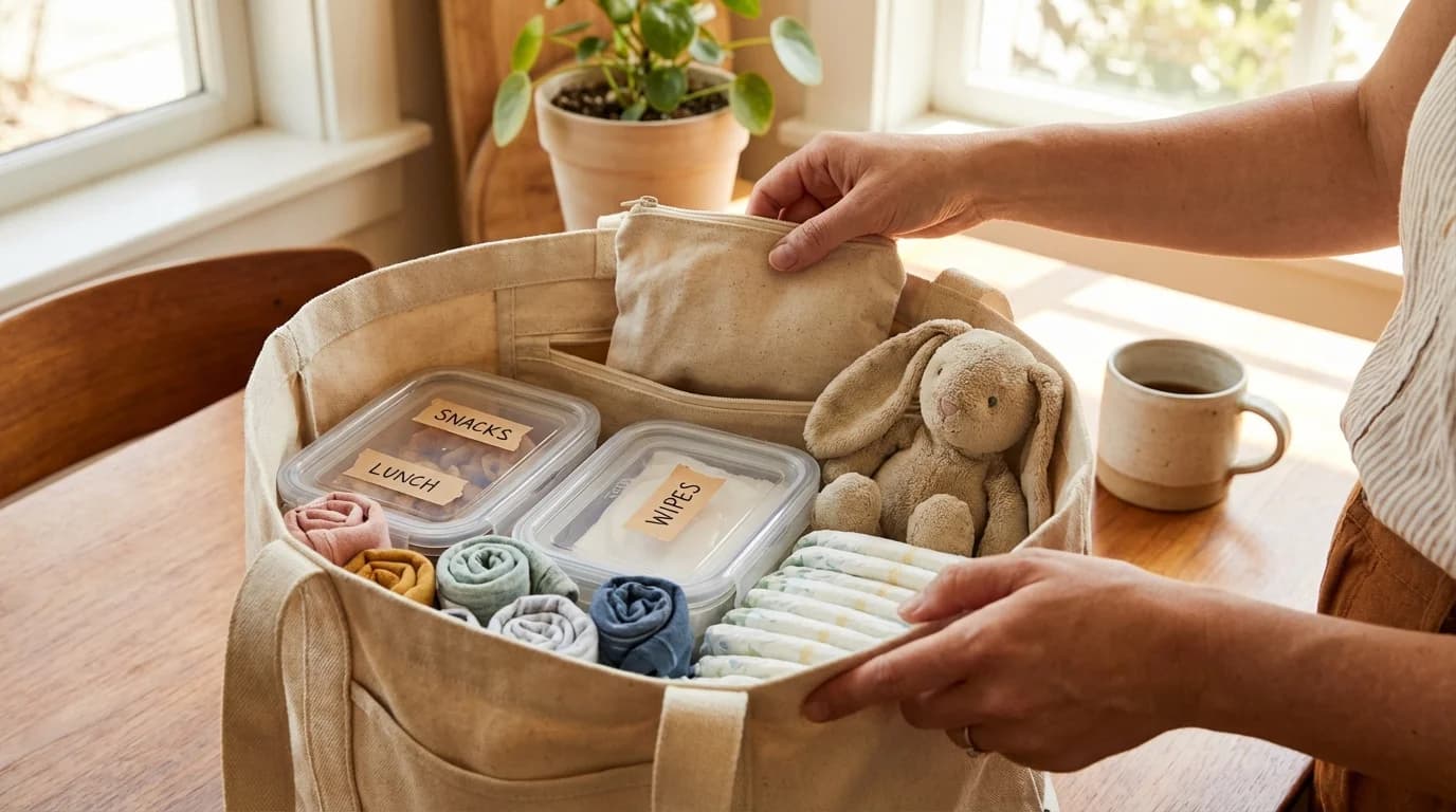 Neatly organized daycare bag with labeled supplies for a toddler in Brooklyn