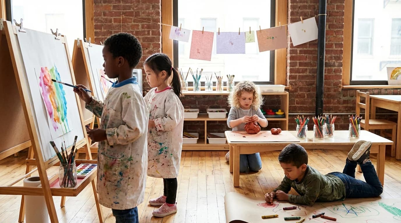 Young child painting at an easel during art time at an East Flatbush daycare