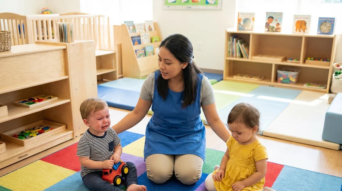 Toddler teacher gently guiding a child through a conflict resolution moment in a Brooklyn daycare classroom
