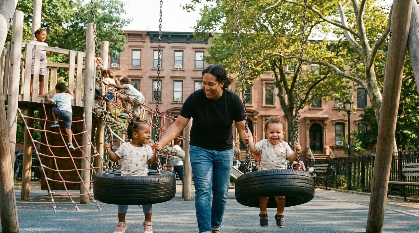 Toddlers and preschoolers playing on a Brooklyn playground with climbing structures and green trees in the background