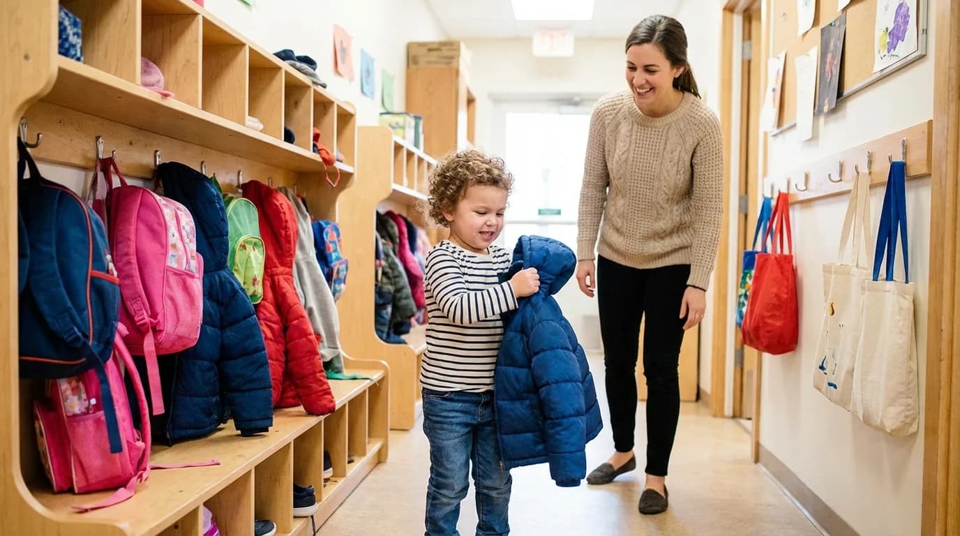 Toddler washing hands independently at a child-height sink in a daycare classroom in East Flatbush, Brooklyn