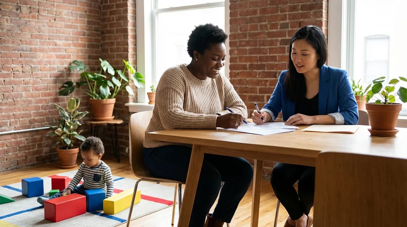 Brooklyn parent reviewing childcare voucher paperwork at a table with a toddler nearby