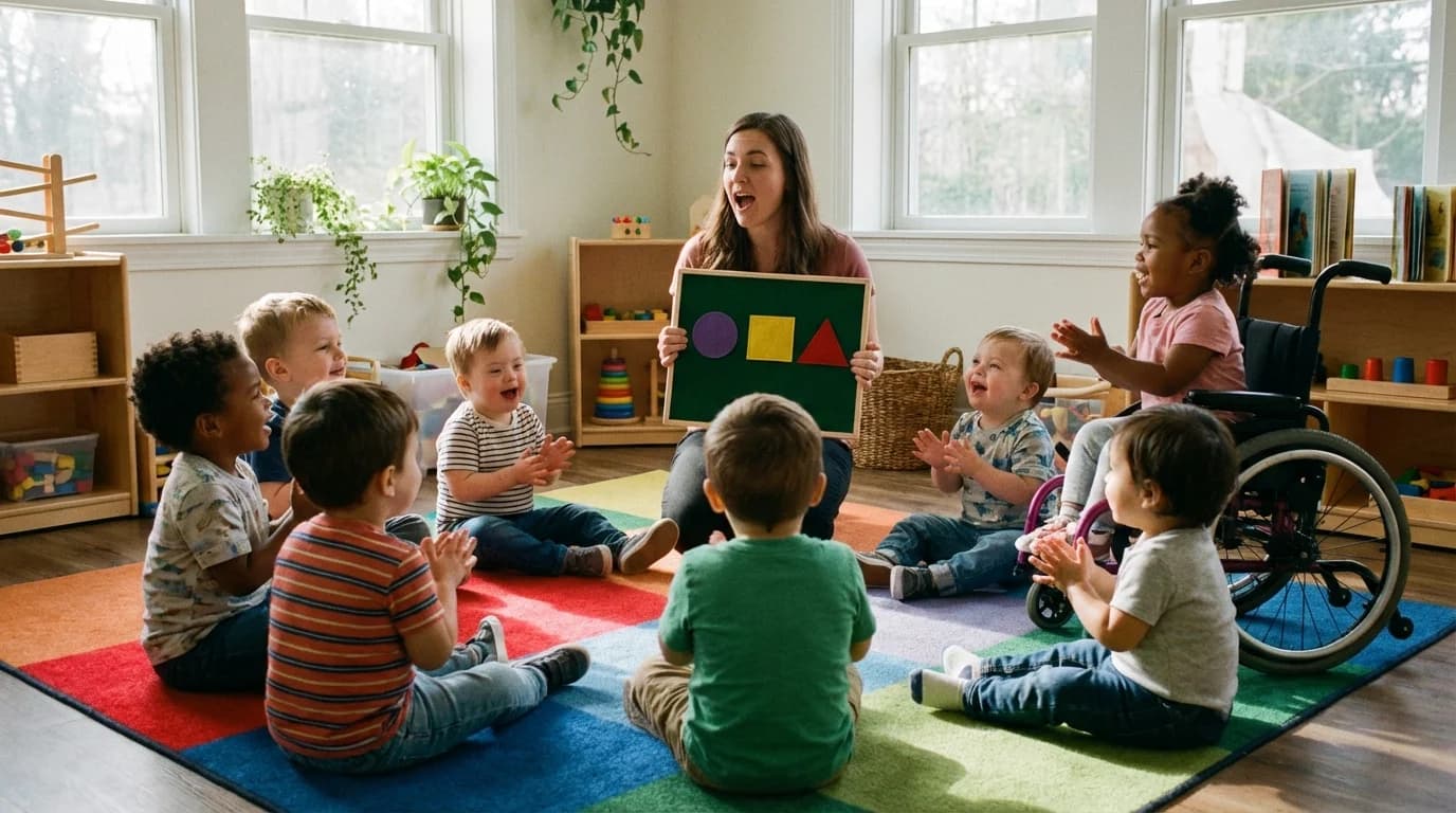 Preschool teacher leading an engaging circle time session with young children sitting together in a Flatbush Brooklyn daycare classroom