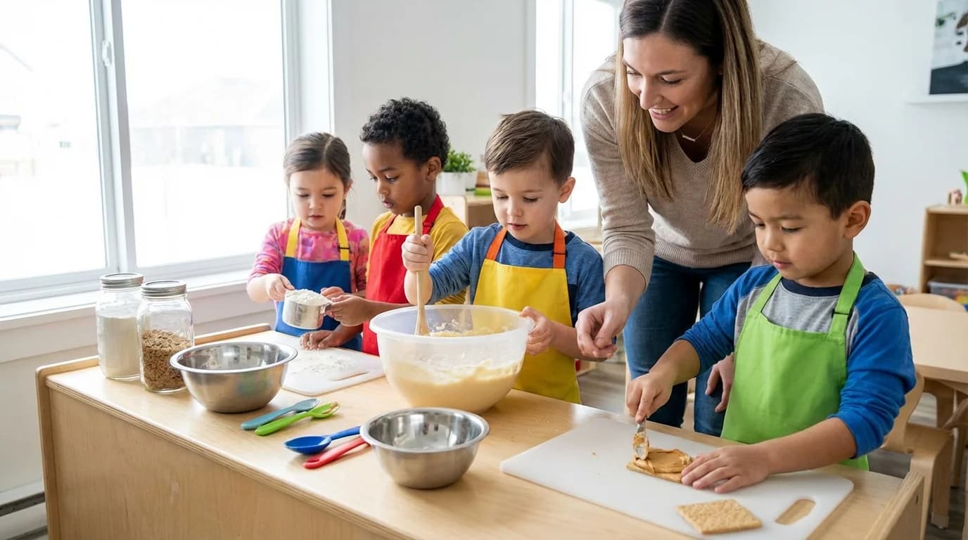 Preschool children measuring ingredients during a cooking activity at Einstein Daycare in East Flatbush Brooklyn