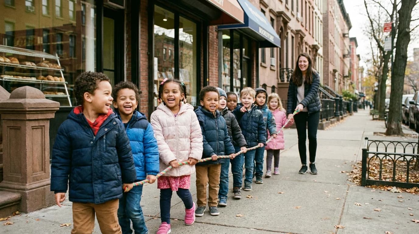 Preschool children on a supervised field trip exploring a park in Brooklyn