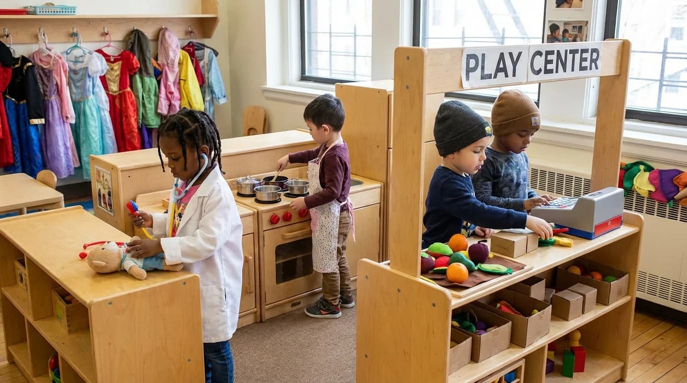 Preschool children engaged in dramatic play in a well-designed classroom at a Flatbush Brooklyn daycare