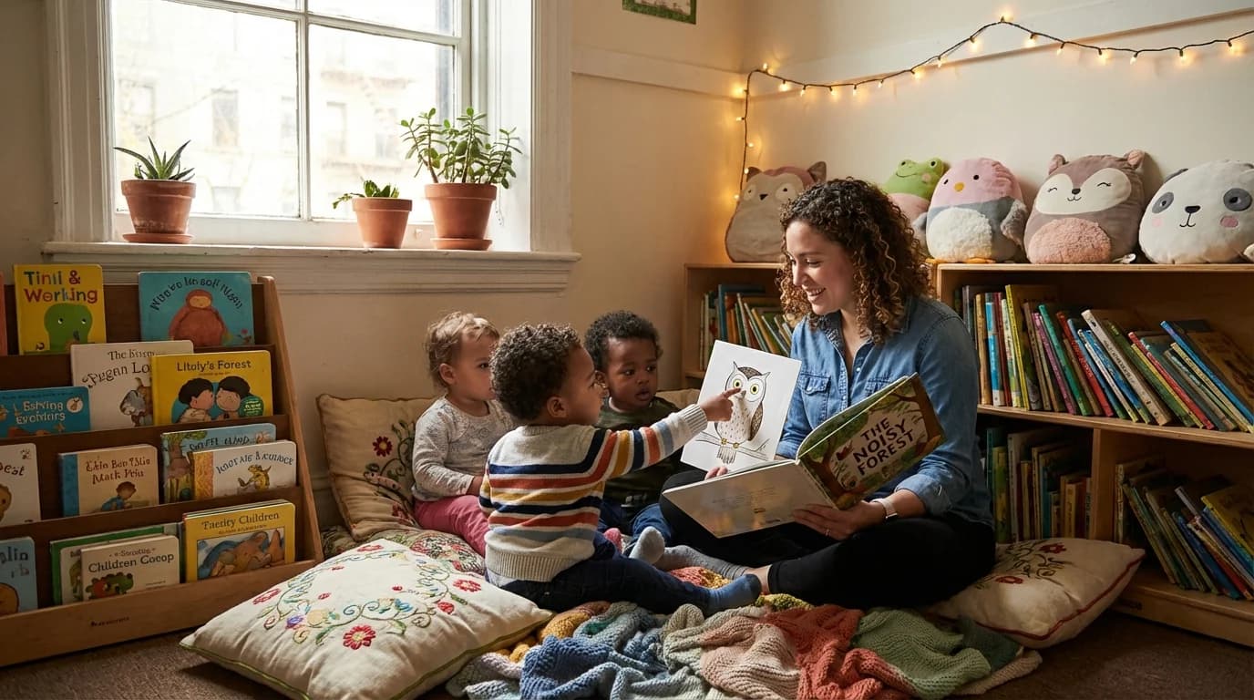 Teacher reading a picture book aloud to a group of preschool children at daycare