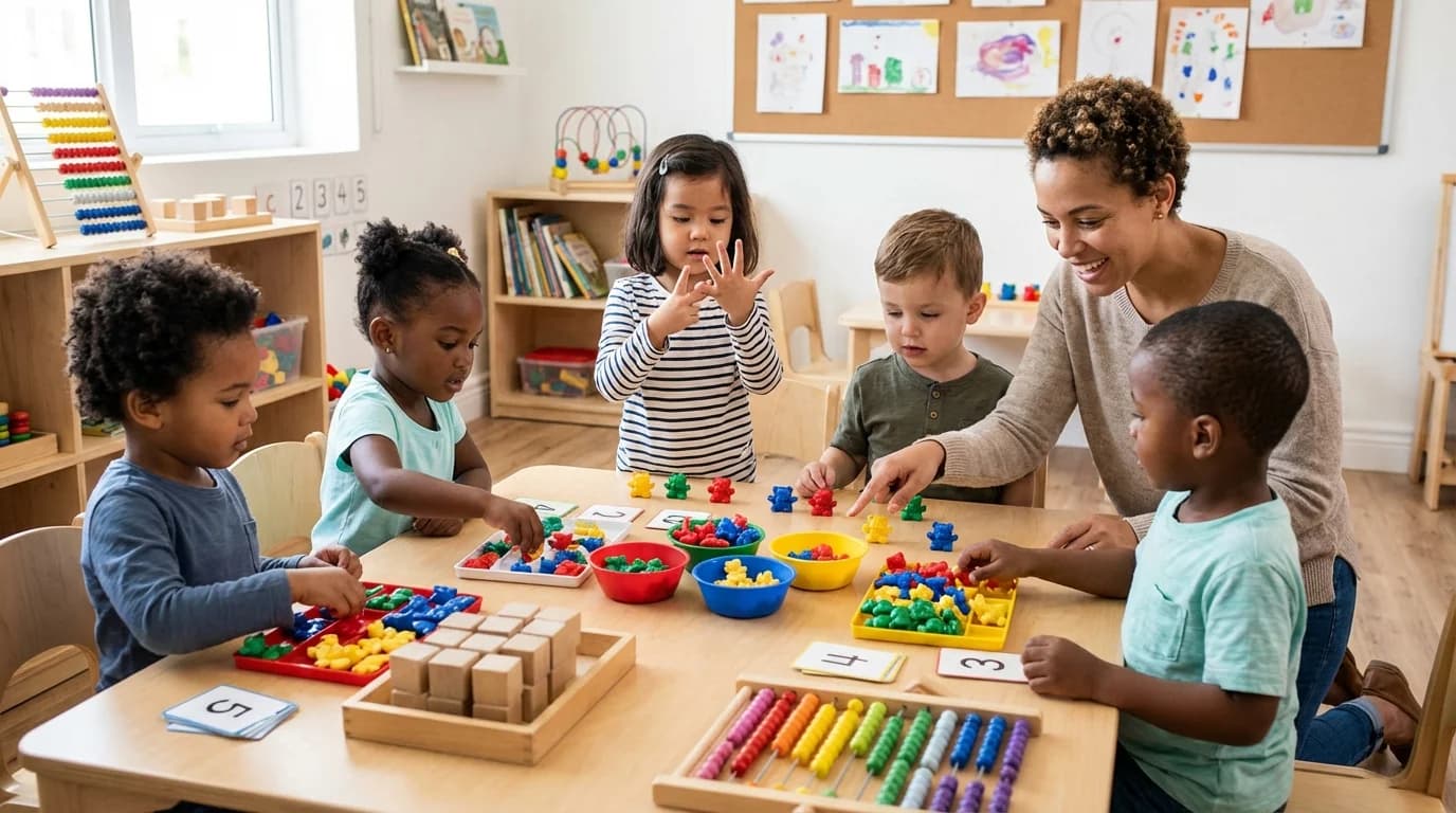 Preschool children sorting colorful counting bears by color and size during a math activity at a Flatbush Brooklyn daycare