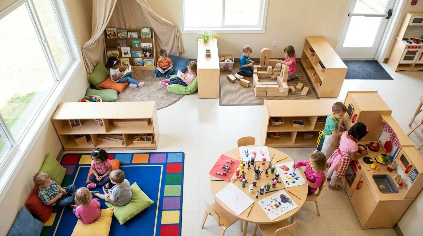 A well-organized preschool classroom in Brooklyn with labeled learning centers, child-accessible materials, and natural lighting reflecting high ECERS-R quality standards