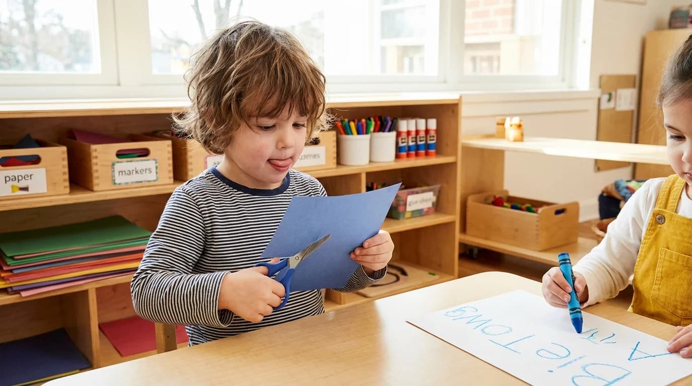 Young child practicing pre-writing skills with crayons at an East Flatbush daycare classroom table