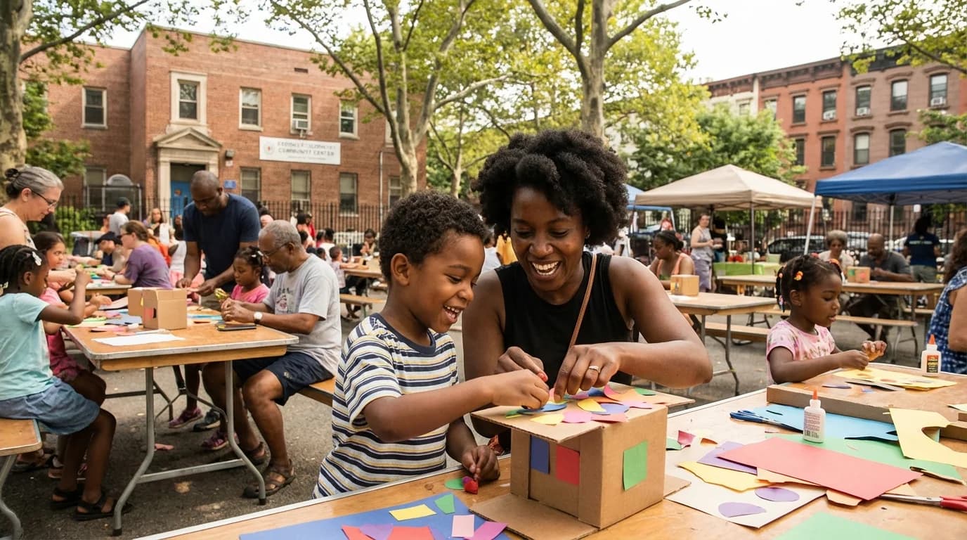 Families enjoying a sunny day at a Brooklyn park with children exploring nature and community activities