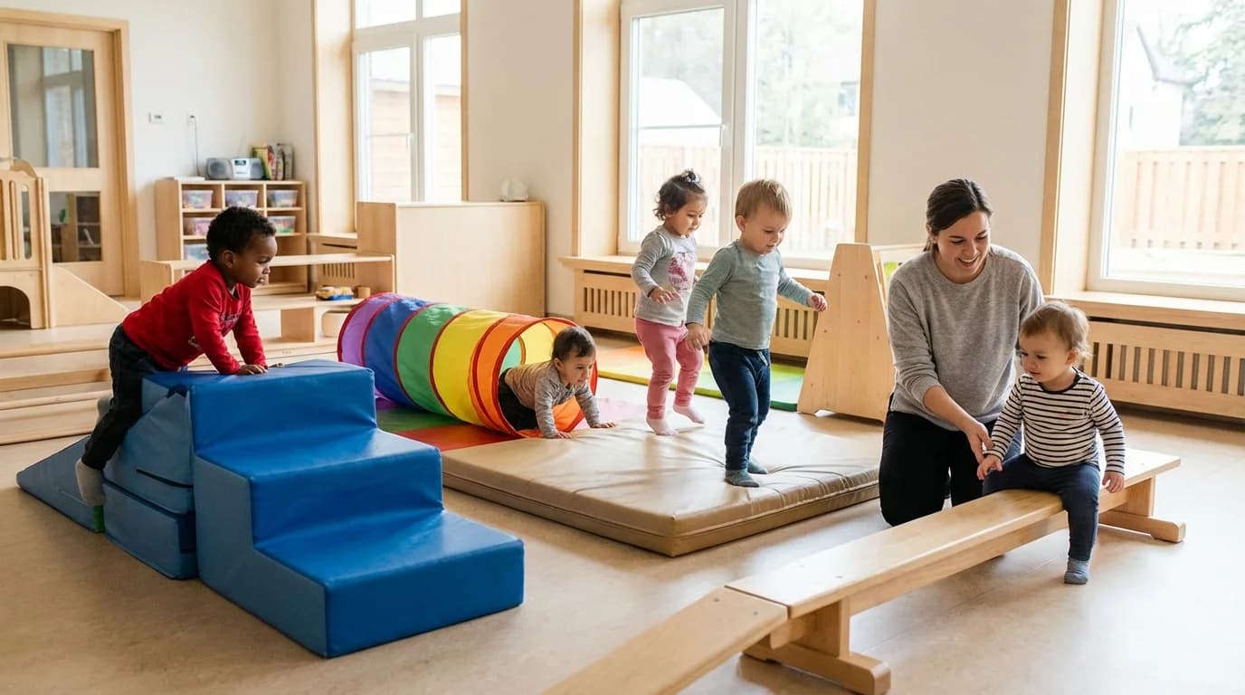 Toddlers climbing and playing on age-appropriate outdoor equipment at Einstein Daycare near Canarsie, Brooklyn