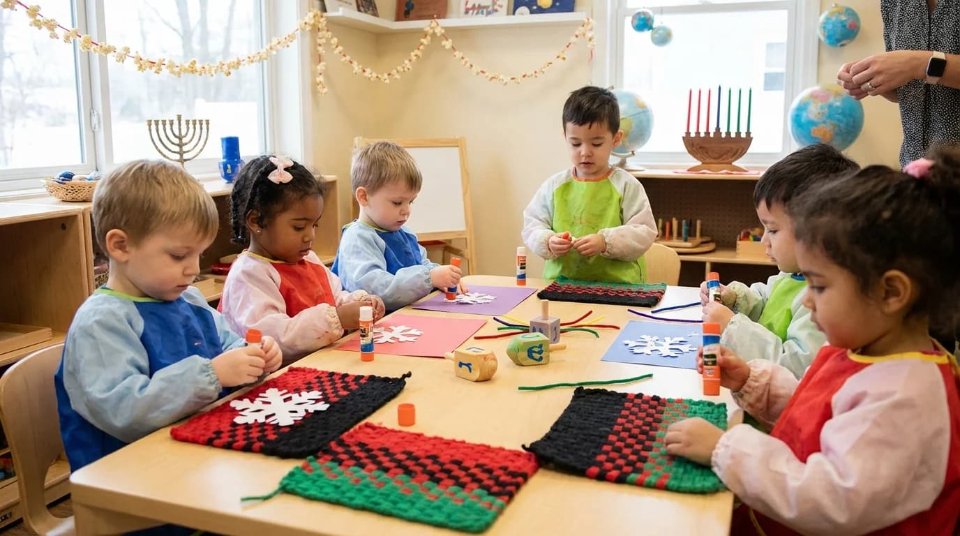 Children of diverse backgrounds engaged in a culturally rich learning activity at a Brooklyn daycare classroom