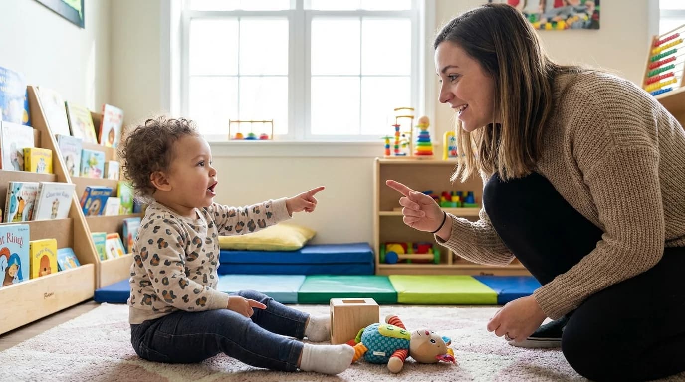Toddler engaged in conversation with a teacher during circle time at a Brooklyn daycare