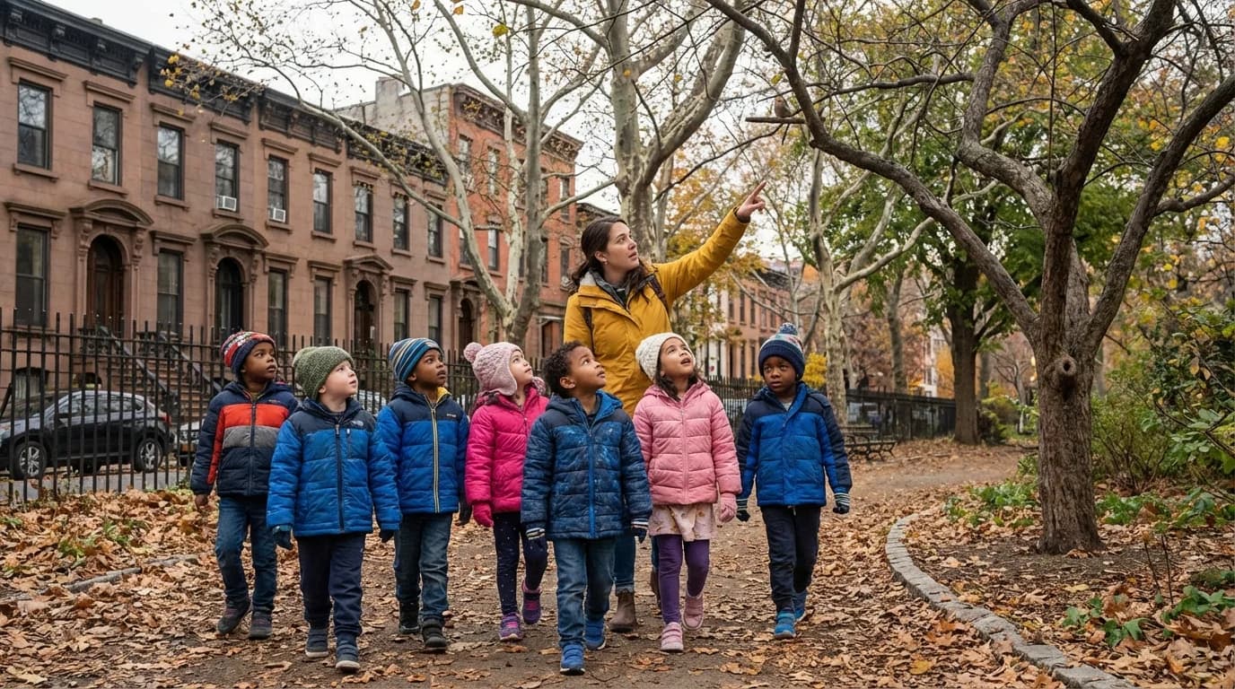 Preschool children on a nature walk exploring plants and insects in a Brooklyn neighborhood park