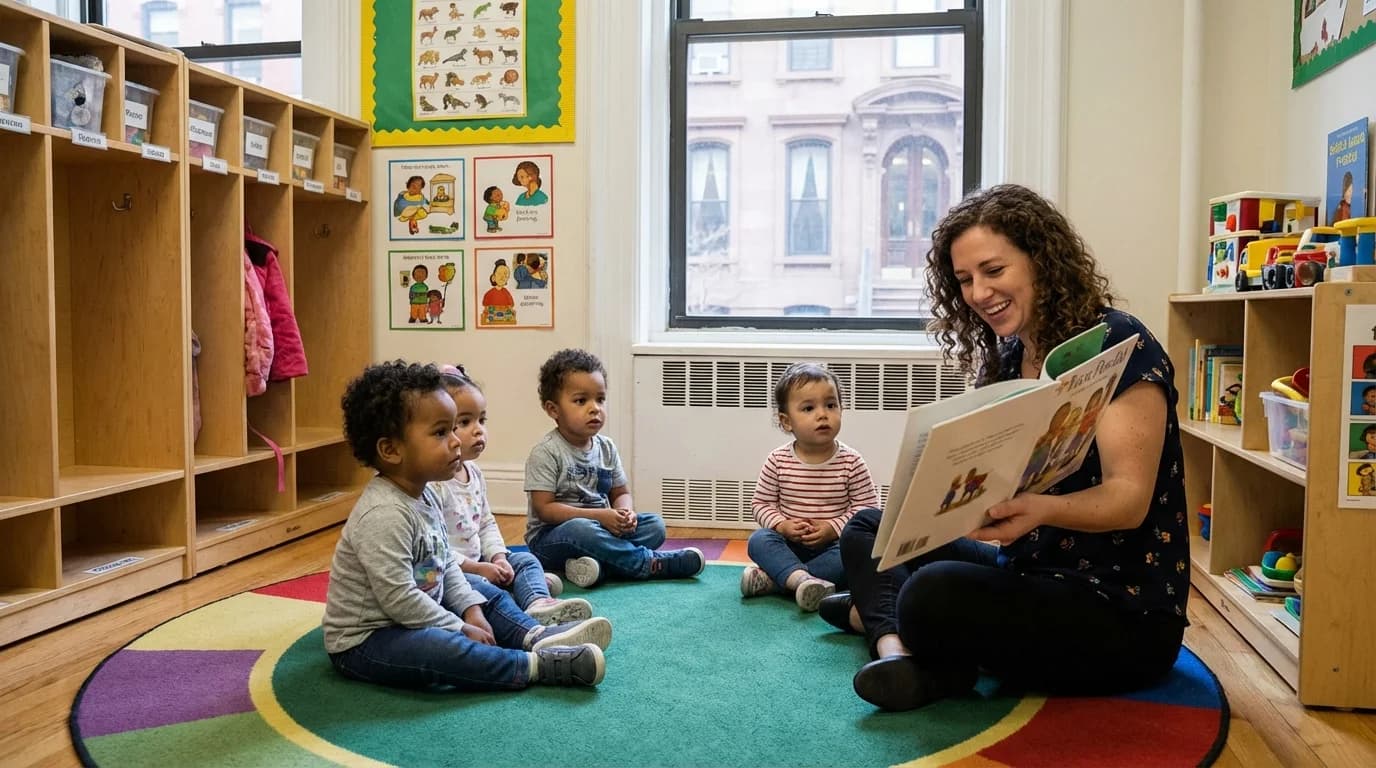 Three-year-old children engaged in a classroom learning activity at a Brooklyn early childhood program