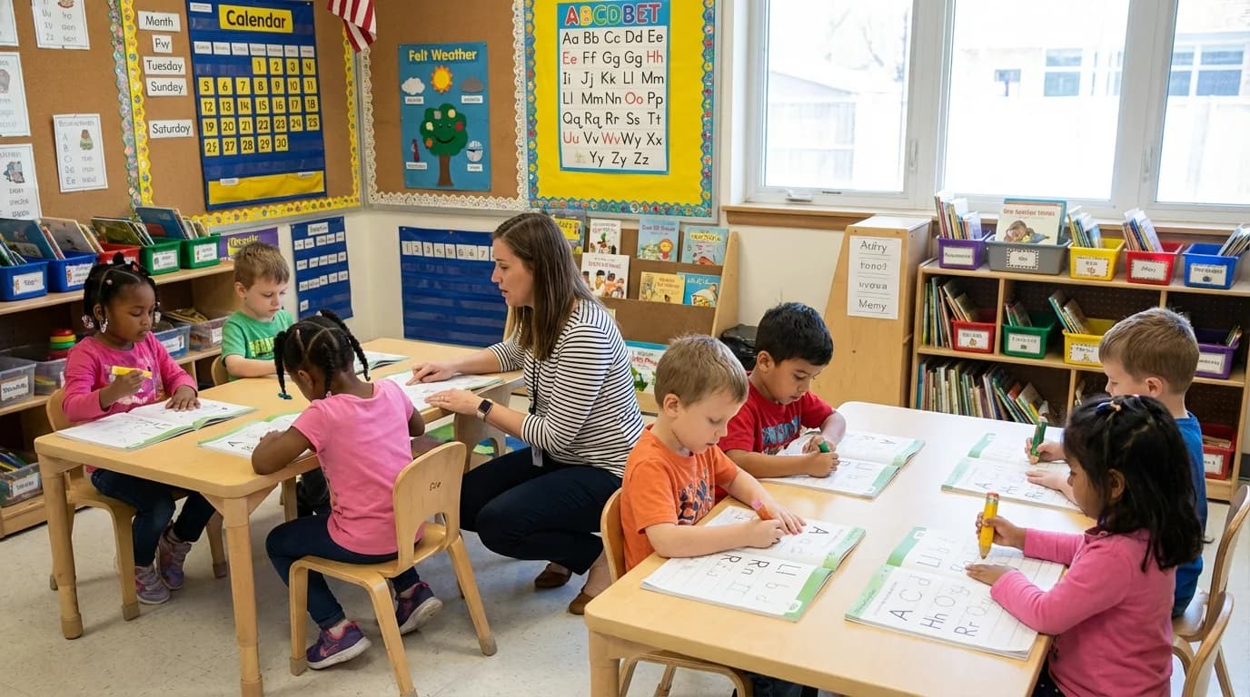 Preschool-age children engaged in classroom learning activities at a Brooklyn Pre-K program
