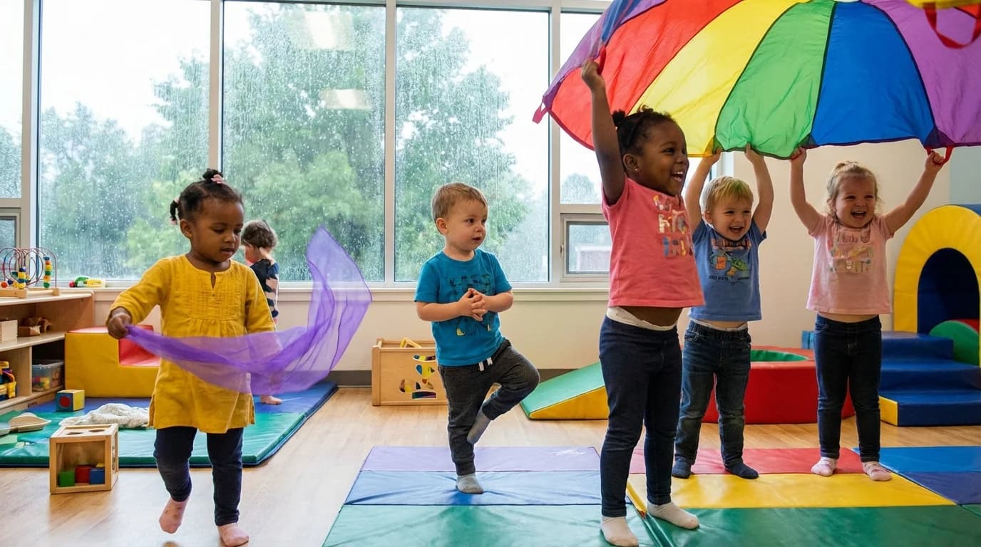 Young children playing an indoor obstacle course activity at a Brooklyn daycare on a rainy day