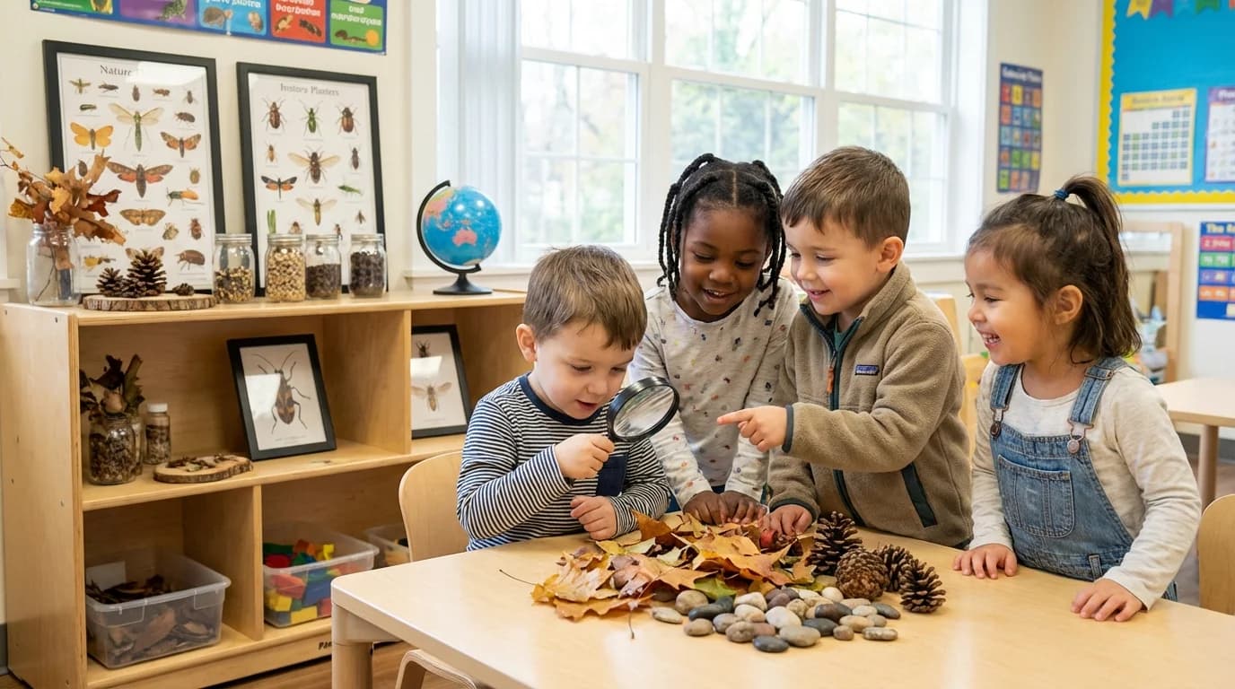 Preschool children in East Flatbush Brooklyn exploring science activities with magnifying glasses and natural objects in a discovery area classroom