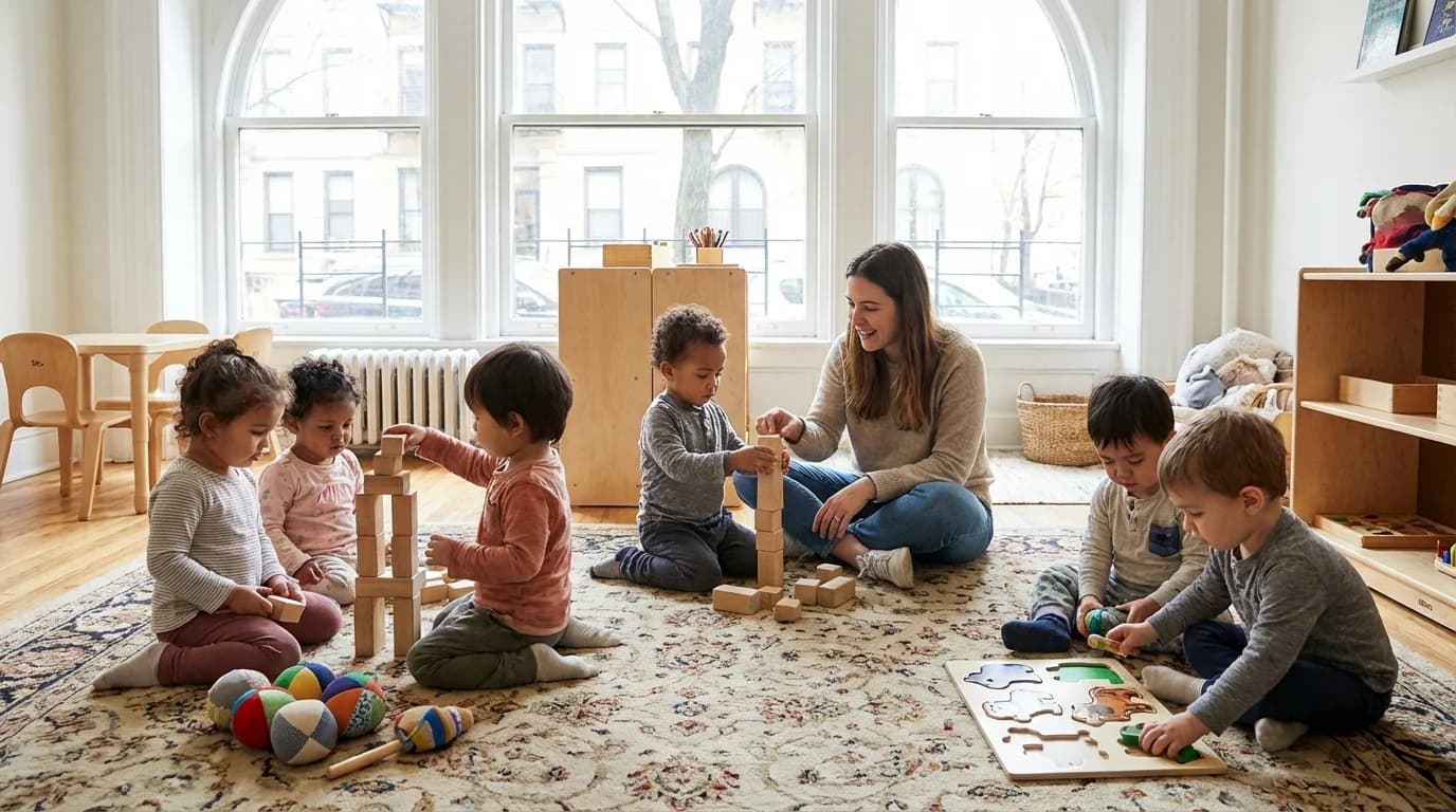 Young children engaged in hands-on play activities instead of screen time at a Brooklyn daycare