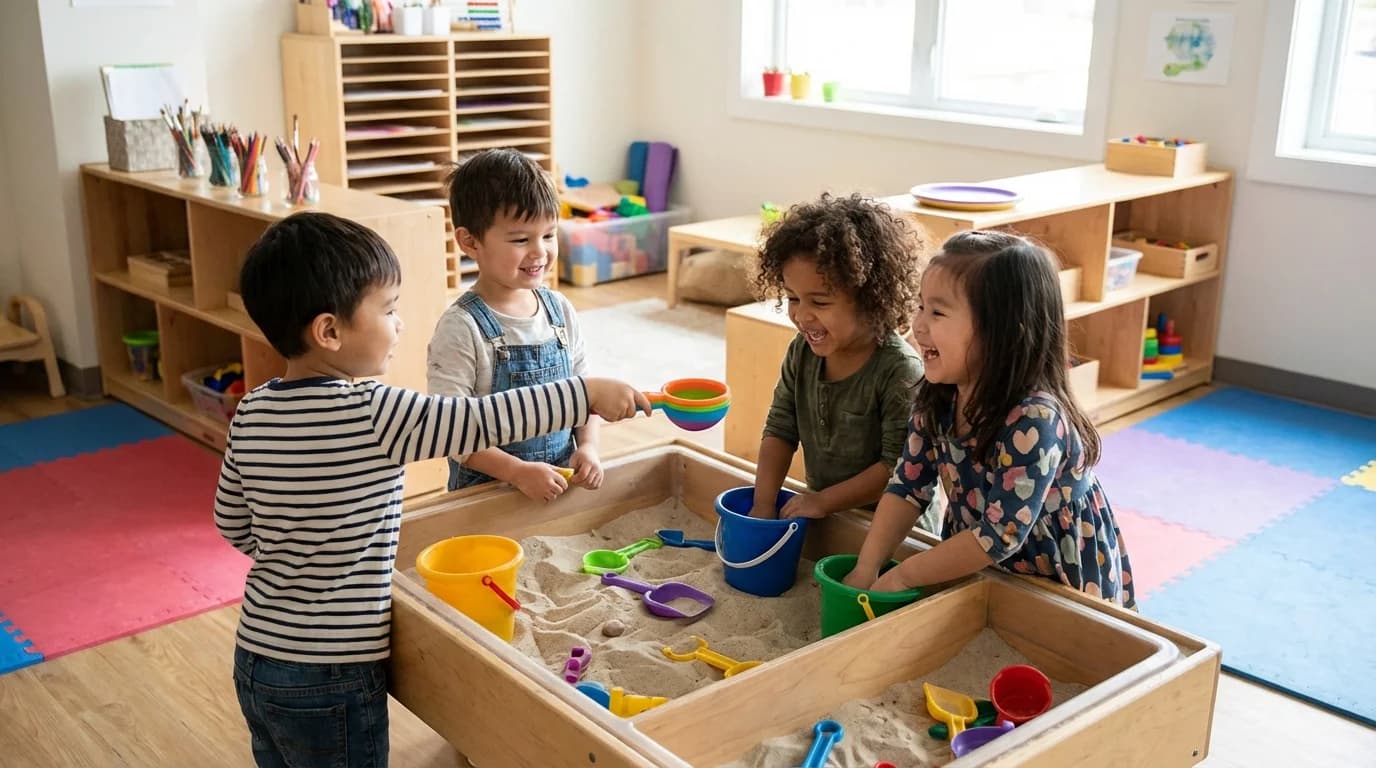 Children engaged in cooperative play together at a Flatbush Brooklyn daycare classroom