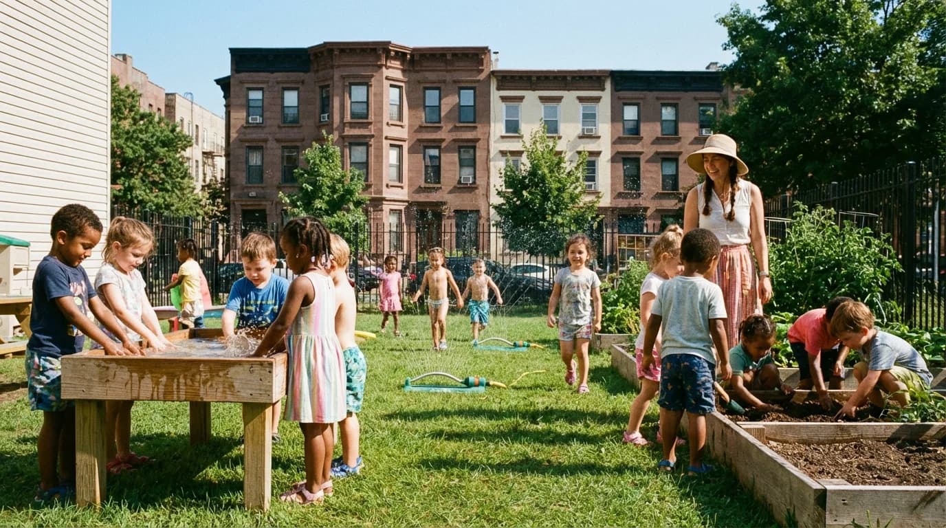 Children playing outdoors during summer activities at a Brooklyn daycare