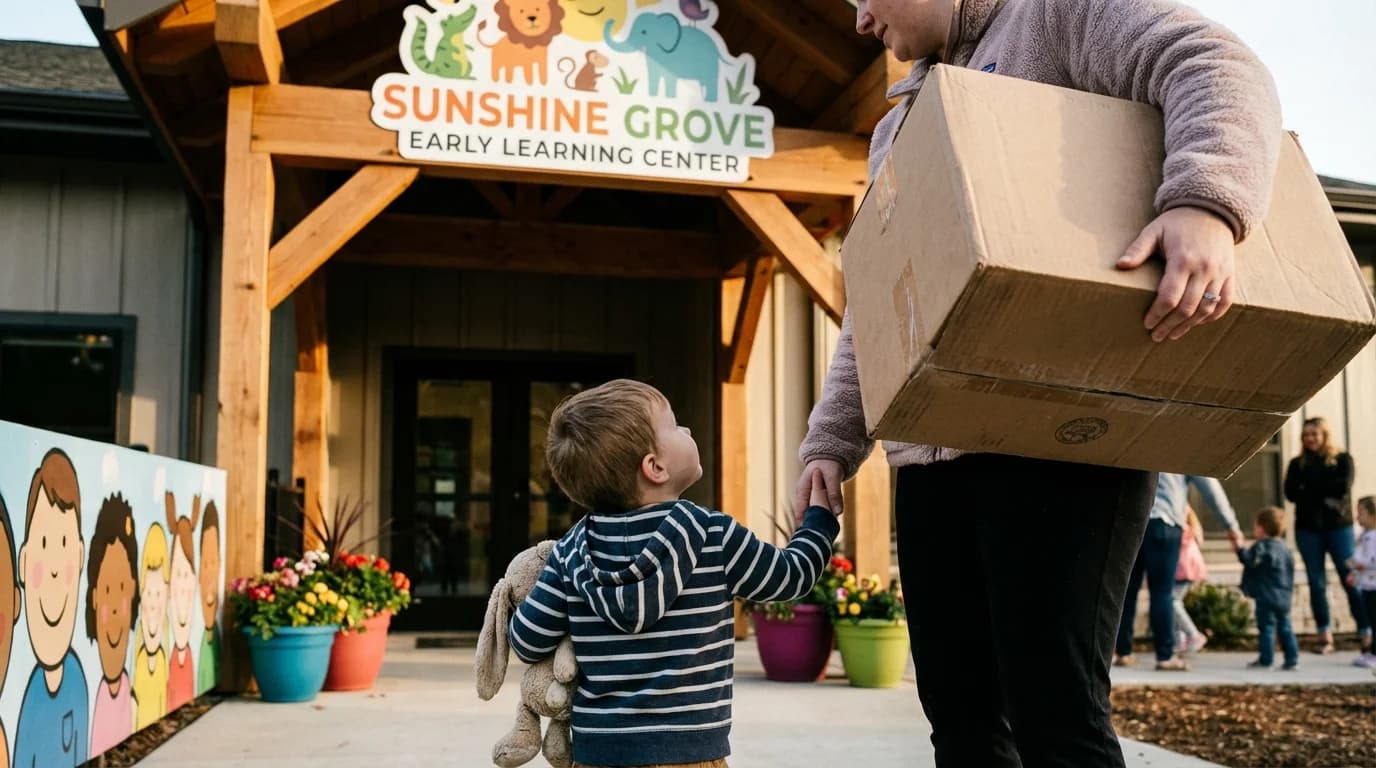 A caring teacher welcoming a young child into a Brooklyn daycare classroom during a transition visit