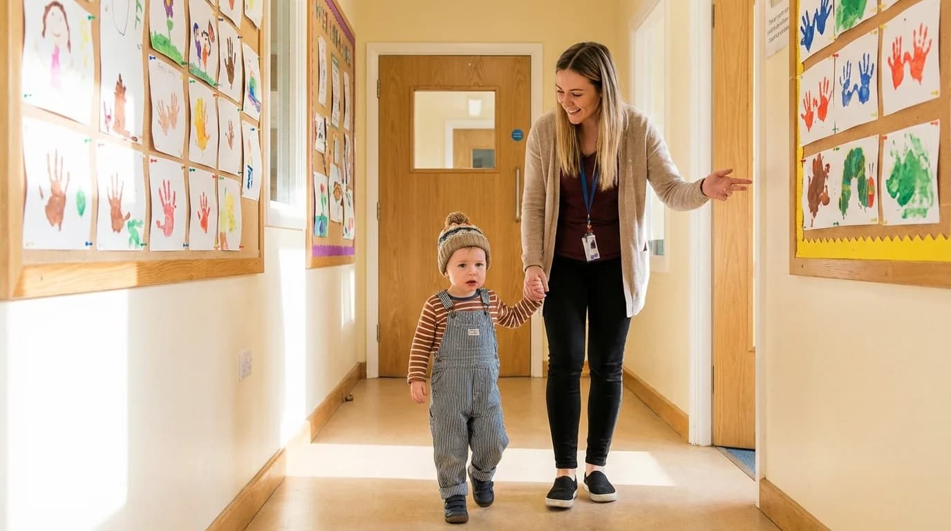 A daycare teacher welcoming a young child into a new classroom during a transition visit at an East Flatbush Brooklyn daycare