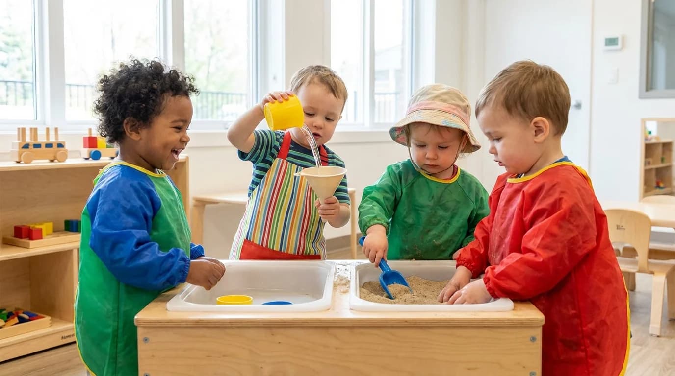 Young children exploring water and sand at a sensory table in a Brooklyn daycare classroom