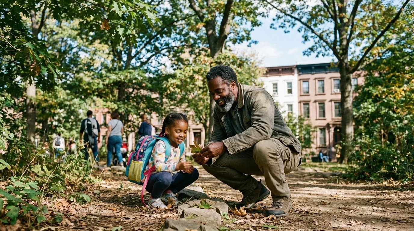 A parent and young child exploring nature together in Prospect Park Brooklyn on a sunny weekend afternoon