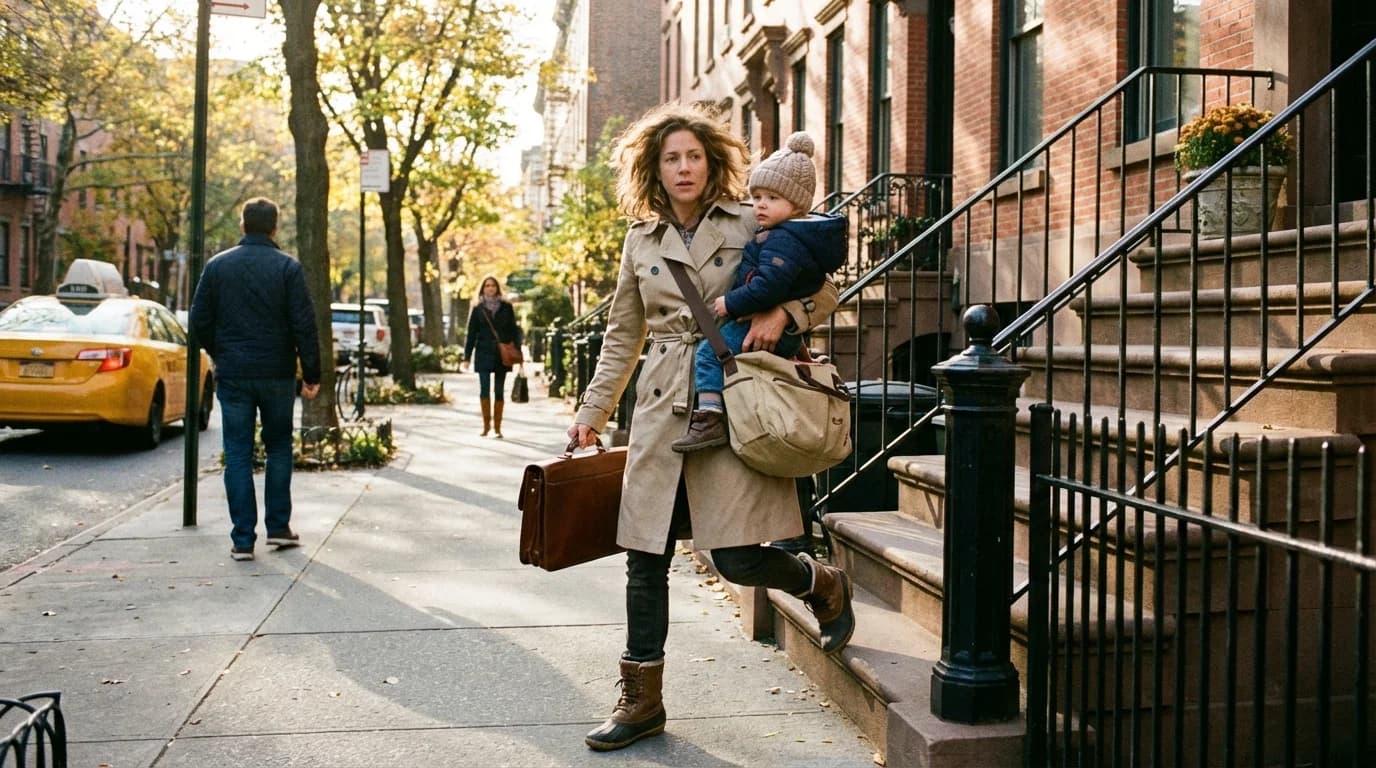 Brooklyn parent walking with their young child through a Bed-Stuy neighborhood on the way to daycare